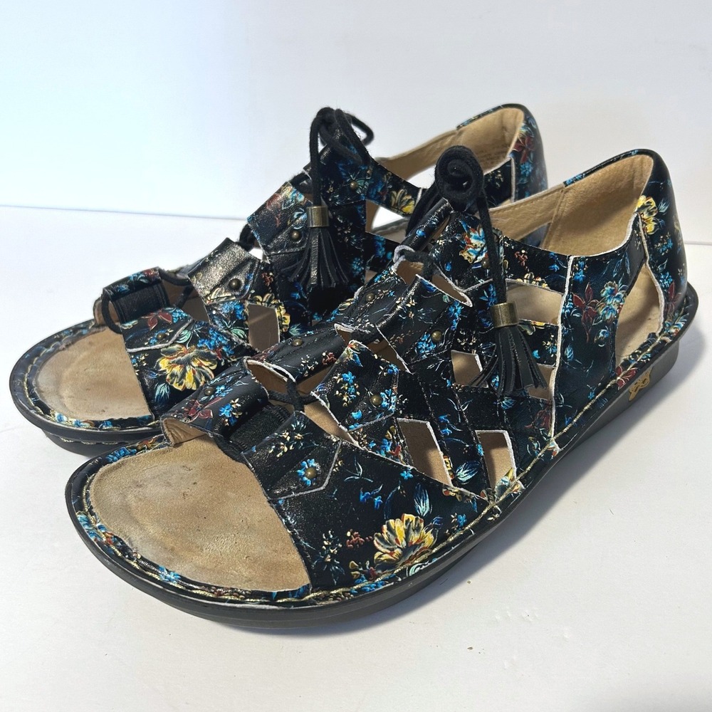 Alegria Valerie Sandals Women 8 38 Black Floral Lace Up Tassel Leather Comfort